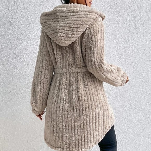 Khaki Button Front Hooded Teddy Coat - Picture 3 of 7